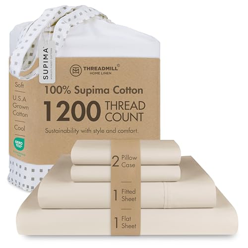 Threadmill 1200 Thread Count Supima Cotton Full Sheet Set, Sateen, Beige - 100% Supima Cotton, Sateen Weave, 4-Piece Set, Hotel Quality, OEKO-TEX Certified, Machine Washable