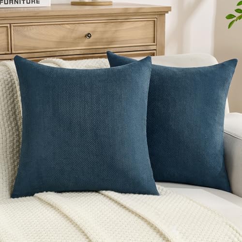 FUTEI Pack of 2 Chenille Throw Pillow Covers 24x24 Inch, Navy Blue - Elegant Herringbone Textured Design,Side Hidden Zipper,Machine Washable,Pill-Resistant,Colorfast,Insert Not Included.