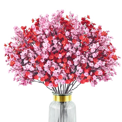 Uieke 30 Pcs Valentine???s Day Artificial Baby???s Breath Flowers, Red Pink Faux Gypsophila Bouquets Real Touch Silk Fake Flowers for Romantic Wedding, Anniversary, Party, Home Table Centerpiece D??cor