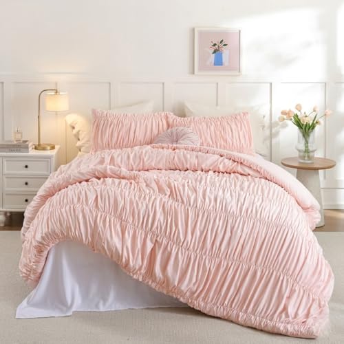 weigelia Cinched Comforter Set King - 3PCS Soft Cozy Blush Pink King Bedding Set with Decorative Ruched Design, Fluffy Lightweight All Season Cute Comforter for Elegant Home & Bedroom Decor