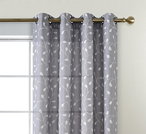 MIUCO Floral Embroidered Semi Sheer Curtains Faux Linen Grommet Curtain Panels for Bedroom 52 x 95 Inch 2 Panels, Grey