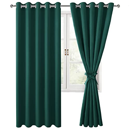 Hiasan Room Darkening Curtains for Bedroom, 60 x 72 Inches - Thermal Insulated & Energy Saving Window Drapes for Living Room/Dorm Room, Set of 2 Panels Sewn with Tiebacks, Hunter Green