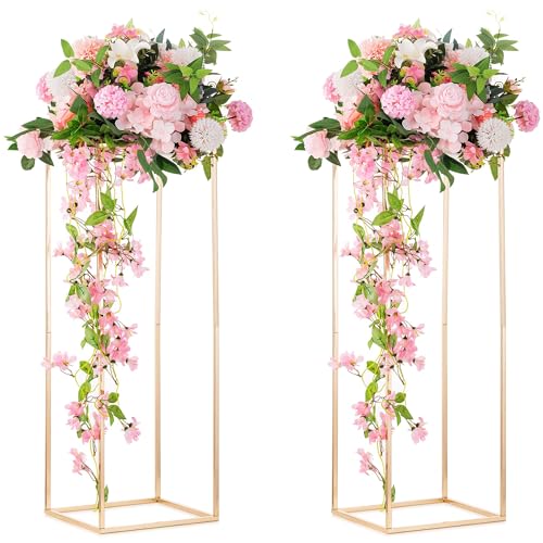 Inweder Column Vases Wedding Centerpieces for Tables - 2 Pcs Metal Flower Stand, Gold Tall Floor Vase, 31.5in Rectangular Geometric Flower Rack for Wedding Decorations, Event, Home, Party