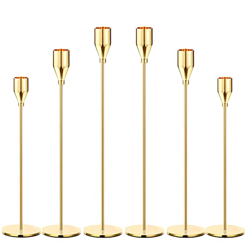 "6Pcs Lemon Gold Candle Holders,Set of 6 Tall Taper Gold Candlestick fit 3/4"" Thick Pillar Candle Led Modern Metal Candles, Elegant Stands Decorative Table Centerpieces for Dinning Party Decorative"
