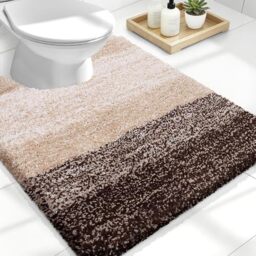 OLANLY Luxury Toilet Rugs U-Shaped 24x20, Extra Soft and Absorbent Microfiber Bathroom Rugs, Non-Slip Plush Shaggy Bath Mat, Machine Wash Dry, Contour Bathroom Mats for Toilet Base, Brown