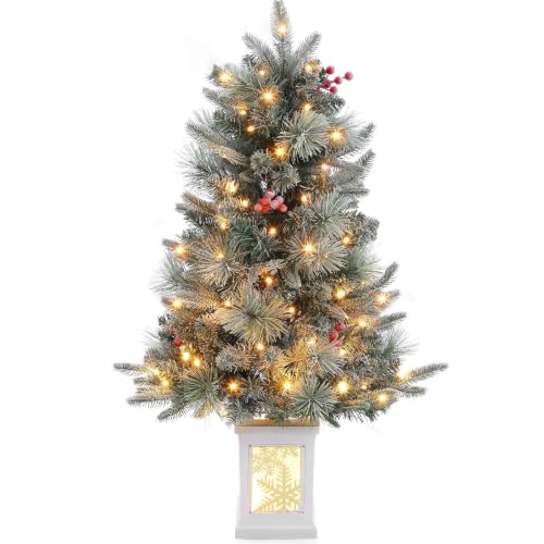 London Boutique 90cm Pre-Lit Artificial Christmas Tree, Frost-Snowflake - Small Snow Xmas Tree, 78 Warm White LED Lights, 8 Modes Battery Operated for Indoor Porch Desk Home Holiday Decor