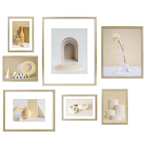 Frametory, Aluminum Picture Frames Set of 7 - Gold Gallery Wall Kit - Displays One 11x14, Two 8x10, and Four 5x7 inch Photos for Home Decoration