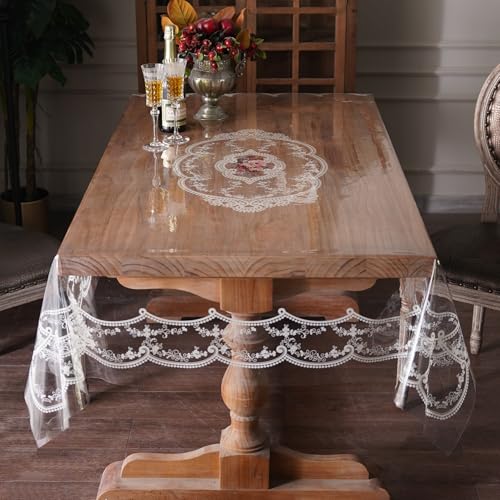 Artbloss Clear Table Cover Protector Plastic Vinyl Table Cloth with White Lace Pattern Oil Spill Proof Plastic Tablecloths for Dining Tables Parties Holidays (French Lace, 52 x 70 Inches)