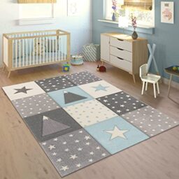 Paco Home Children's Rug Pastel Colours Checked Dots Hearts Stars White Grey Blue, Size:140x200 cm