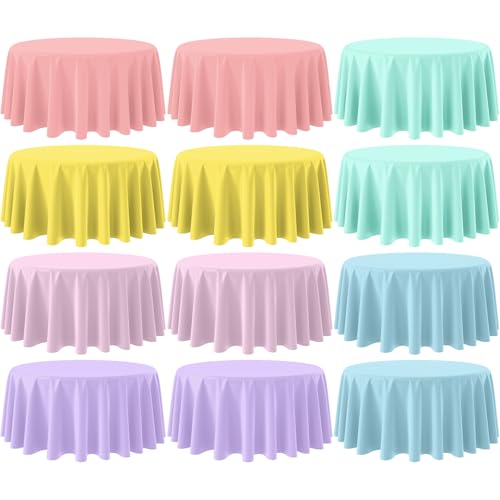 YIDAKO 12Pcs 84 Inch Round Pastel Tablecloths, Rainbow Mix Color Plastic Tablecloth Disposable Round Table Covers for Baby Shower,Bridal,Wedding, Easter,Birthday and Ice Cream Party Decoration