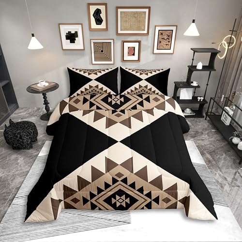 Erosebridal Black Beige Abstract Queen Comforter Set for Adult Women Men Modern Boho Western Aztec Bedding Set Geometric Geometry Stripes Bed Set Minimalist Stylish Art Southwestern Quilt Set