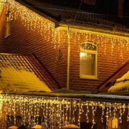 LEDYA Icicle Lights Outdoor, 14m/45.93ft 360 Blue and White LEDs Fairy Lights Plug in, Christmas Lights Waterproof, String Lights with 8 Modes,Timer, Clear Cable, Garden, Warm White