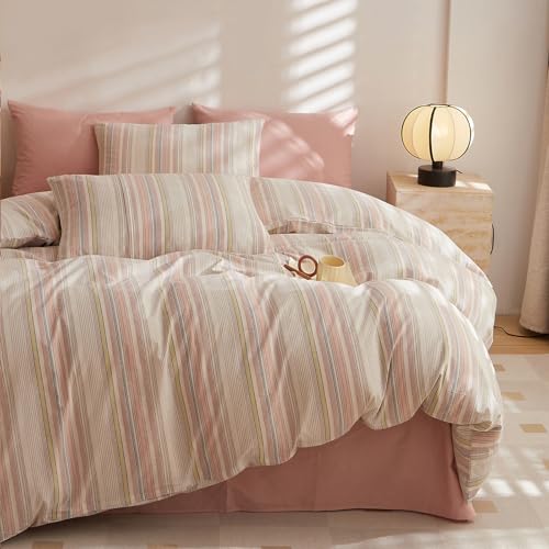 HighBuy Queen Comforter Set Fluffy White and Pink Striped Bedding Gingham Comforter Set Modern Chic Geometric Comforter with 2 Pillow Shams Stripe Bedding Comforter for Boys Girls All Season