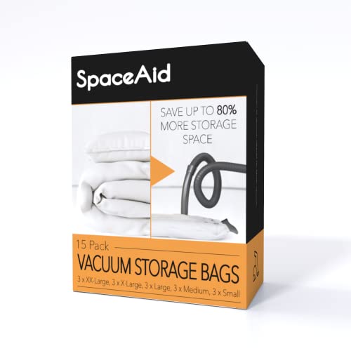 SpaceAid Vacuum Storage Bags, Space Saver Sealer Compression Bags for Comforters, Blankets, Pillows, Bedding, Clothes (3 XX-Large, 3 X-Large, 3 Large, 3 Medium, 3 Small), (Variety 15 Pack)