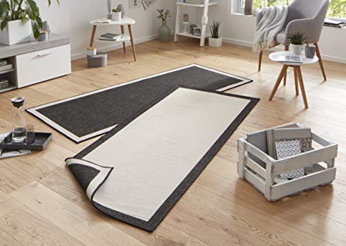 NORTHRUGS Panama Indoor and Outdoor Rug 80 x 250 cm Reversible Rug Weatherproof Modern Plain Design with Border Runner for Balcony Patio Garden Conservatory Living Room Waterproof in Black Cream