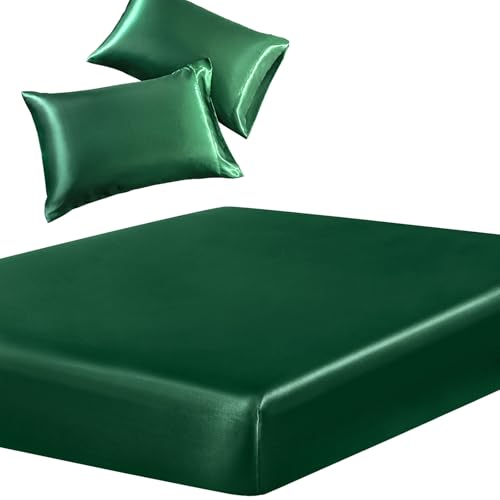 SiinvdaBZX 3-Pcs Set Satin Queen Fitted Sheet & 2 Pillowcase, Emerald Green - Silky Soft Fitted Bottom Sheet, Deep Pocket Sheet Design Fits 15 Inch Mattress, Wrinkle Free, Fade Resistant