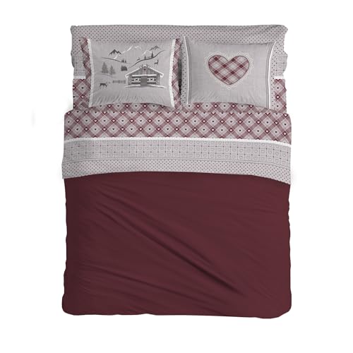 PENSIERI DELICATI Double Bed Set, 100% Cotton, Complete Double Bed Sheet Set, 180 x 200 cm, Including Bottom Sheet, Top Sheet and 2 Pillowcases, Made in Italy, Red Chalet Design