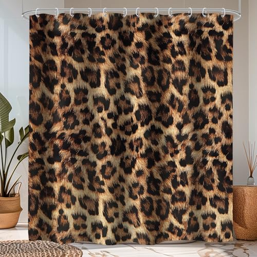 LIGHTINHOME Leopard Print Shower Curtain 72Wx72H Inch Wild Safari Skin Pattern Powerful Cheetah Cat Panthera Black Brown Fur Wildlife Waterproof Bathroom Home Decor 12 Plastic Hooks
