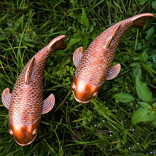Teaeeno Koi Fish Decor, 2pcs Antique Koi Fish Garden Statue, Bronze Lawn Art, Lucky Figurine Outdoor Yard Sculptures,Garden Carp Statue Decor for Outdoors,Patio,Yard,Lawn,Pond,Home Decoration (Red)