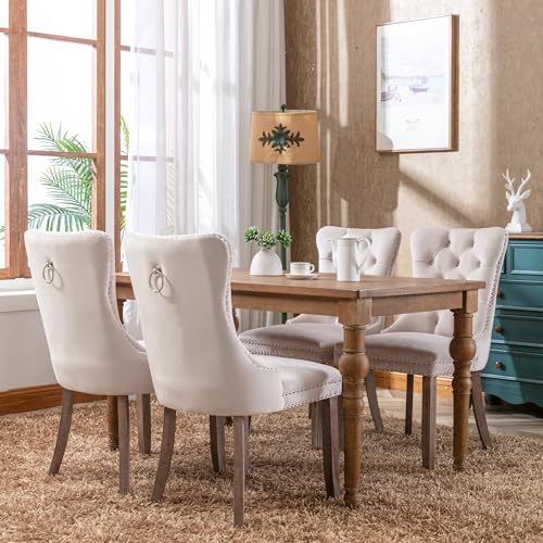 Merax Dining Chairs Set of 4, Modern Upholstered Seating for Kitchen, Featuring Solid Wood Legs, Riveted Trim, Chrome Knocker Ring, High-end Tufted Design, Soft Velvet Upholstery, Beige