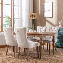 Merax Dining Chairs Set of 4, Modern Upholstered Seating for Kitchen, Featuring Solid Wood Legs, Riveted Trim, Chrome Knocker Ring, High-end Tufted Design, Soft Velvet Upholstery, Beige