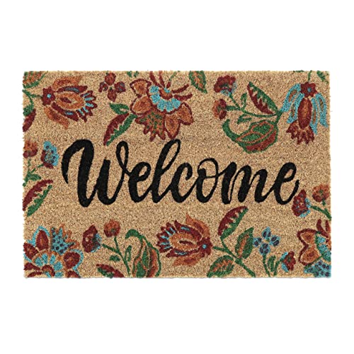 Relaxdays Welcome Flowers Doormat Coir Rubber, 40 x 60 cm, Door Mat Inside & Outside, Multicoloured