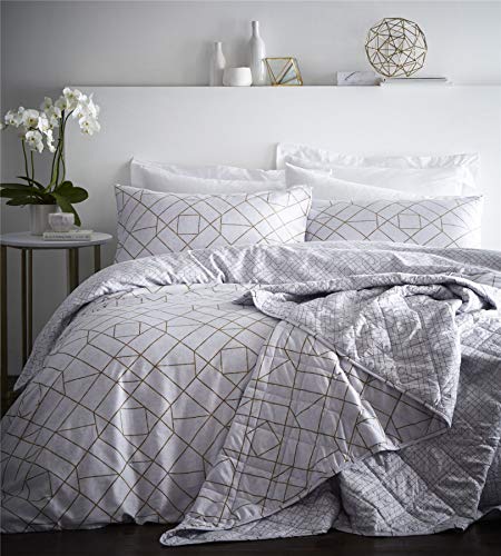 Gatsby Goemetric Duvet Cover and Pillowcase Bed Set, Percale Cotton, Off White Ivory, Double