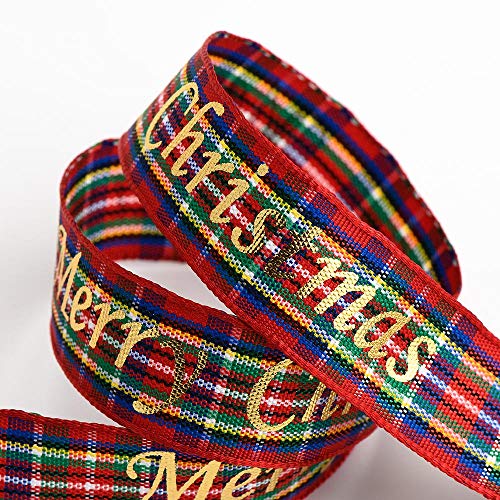 Italian Options Merry Christmas Tartan Check Ribbon, Scottish Christmas Ribbon for Crafts, Gift Wrapping, Wreaths, Tree Decorations, Hair Bows, Tartan Red, Gold Foil, 16 mm x 10 Metre Roll