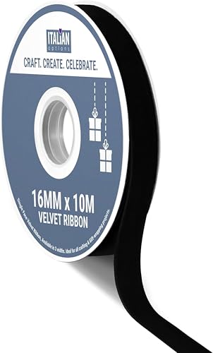 Italian Options Velvet Ribbon, Luxury, Single-Face Velvet Ribbon for Crafting, Christmas, Bows, Hair, Cakes, Weddings, Ornaments, Gift Wrapping, Flowers, 16mm x 10 Metre Roll, Black