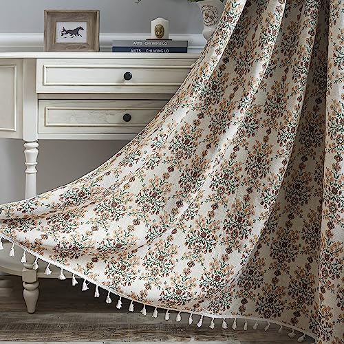 Floral Curtains 63 Inch Length 2 Panels Vintage Flower Patterned Drapes Boho Short Semi Sheer Tassel Rustic Country Rod Pocket Botanical Farmhouse Window Curtain Panels for Bedroom Living Room