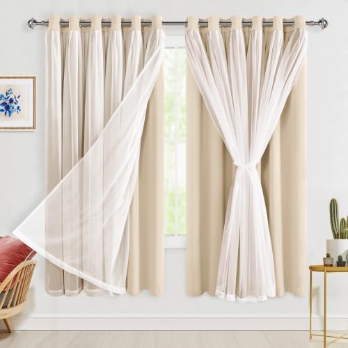 Hiasan Blackout Curtains with Sheer Overlay, Grommet Thermal Insulated Privacy Mix and Match Double Layer Window Curtains for Girls Bedroom, Living Room, 2 Drape Panels with Tiebacks, Beige, 70W X 63L