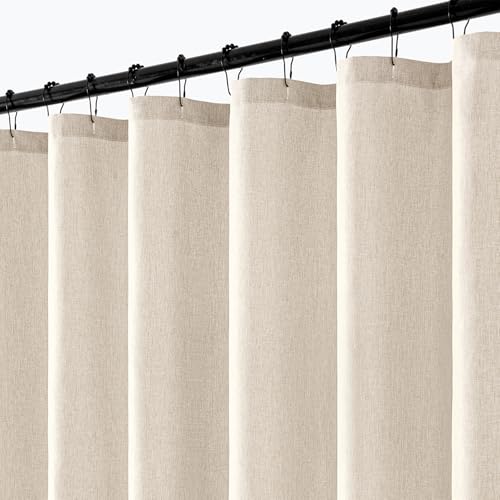 ANRODUO Long Linen Shower Curtain with 12 Metal Hooks, Boho Farmhouse Cream Fabric Shower Curtain Set - Waterproof & Heavy Duty Polyester, Button Hole Design, Machine Washable for Bathroom, W72xL90