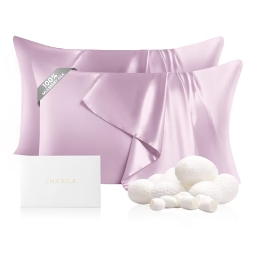"THXSILK Set of 2 100% Mulberry Silk Pillowcase for Hair and Skin Health, 22 Momme Soft and Smooth Pillowcases with Hidden Zipper, Both Sides Premium Grade 6A+ Silk, Standard 20""x26"", Light Purple"