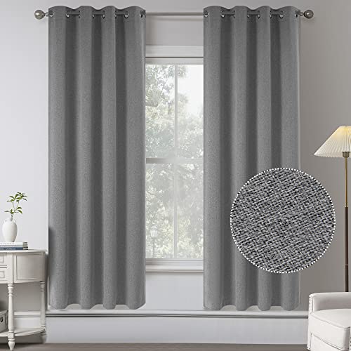 Dove Grey Linen 100% Blackout Curtains for Bedroom - 63 Inches Long Energy Saving Thermal Insulated Window Treatment Burlap Textured Curtain Drapes for Living Room(2 Panels,W 52 x L 63 Inch,Gray)