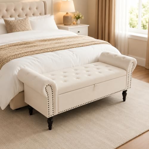 Clevich Ottoman Storage Bench, Velvet End of Bed Storage Box with Lid, Sturdy Wood Legs Footrest, 168KG Load Capacity, Sofa Bench for Bedroom/Living Room, 133x53x46cm, Light Cream