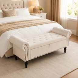 Clevich Ottoman Storage Bench, Velvet End of Bed Storage Box with Lid, Sturdy Wood Legs Footrest, 168KG Load Capacity, Sofa Bench for Bedroom/Living Room, 133x53x46cm, Light Cream