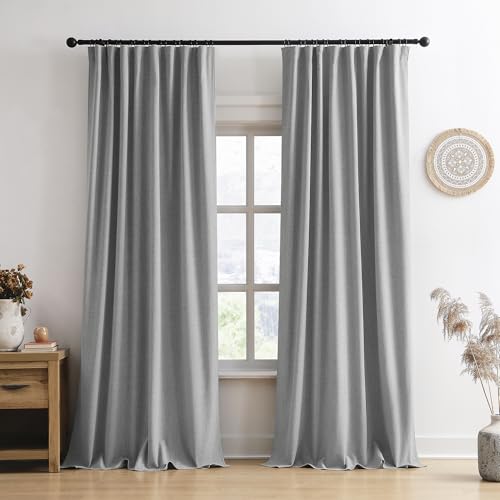 RAIN CITY Long Blackout Curtains 144 Inch Long 2 Panels Grey, Back Tab Pleated Look Drapes for Track System with Hooks, Noise Reducing Spring Blackout Winodw Curtains for Living Room 50x144