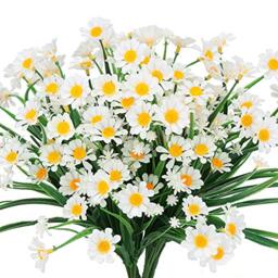 TEMCHY Artificial Daisies Flowers Outdoor UV Resistant 4 Bundles Fake Foliage Greenery Faux Plants Shrubs Plastic Bushes for Window Box Hanging Planter Farmhouse Indoor Outside Decor(White)