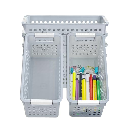Cetomo Plastic Storage Box, Storage Baskets with Handle, Shelf Basket Organizer with Hole, Open Top Storage Bin for Home Kitchen Office, Gray, 6 Pack (29 x 13.5 x 12.5 cm)