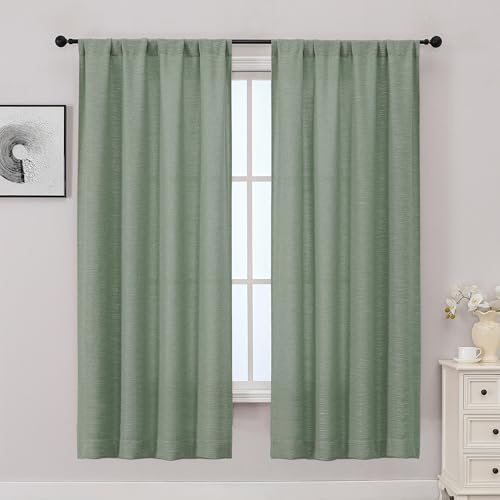 "OWENIE Sage Green Curtains for Bedroom Living Room 63 Inch Length 2 Panels Set, Soft Elegant Light Filtering Faux Linen Textured Window Curtain Panels with Rod Pocket, Sage Green, Each 40"" Wx63 L"