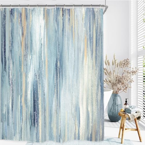 Miyotaa Blue Gray Abstract Shower Curtain Set 60Wx71H Inches Ombre Modern Aesthetic Striped Contemporary Minimalist Neutral Painting Waterproof Bathtub Bathroom Curtain with 12 Hooks