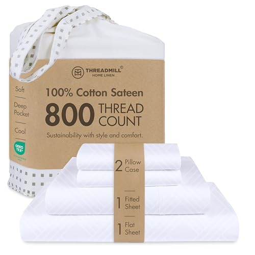 Threadmill Home Linen King Sheets - 800 Thread Count Jacquard Damask, 100% Pure Cotton 4 Piece Striped Sheet Set, Extra Long Staple Cotton, Hotel White Sheets with Elasticized Deep Pocket