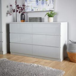 Home Source Lugano High Gloss Chest of 6 Drawers (3+3), Front Compact Bedroom Cabinet, Spacious Wide Dresser Storage, 6 Drawer, Light Grey - 40Dx120W x72Hcm