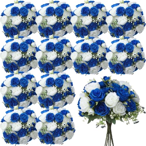 Geosar 16 Bundles Artificial Peonies Flowers Fake Silk Peony Bouquet Faux Peonies Flower Bulk for Decoration Vase Floral Arrangements Wedding Party Table (Royal Blue,White)