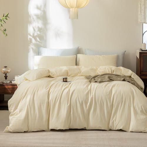 FOSSA Striped Duvet Cover Set 100% Washed Cotton Linen Feel Queen - Super Soft Breathable Lightweight & All Season Bedding Set with Hidden Zipper & 8 Corner Ties (Pastel Yellow)