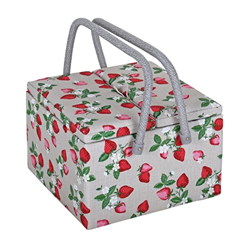 Hobby Gift Exclusive Large Twin Lid Sewing Craft Hobby Storage Box, Accessories Tray Pin Cushion Pockets PVC Handles, 25 x 25 x 17cm, Strawberries