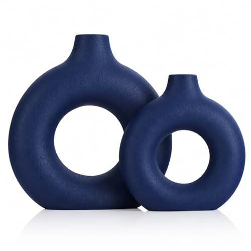 Navy Blue Ceramics Vase for Home Decor,Minimalist Nordic Hollow Donut Vase Set of 2,Modern Navy Blue Decor for Kitchen Table Centerpiece,Living Room,Fire Place,Bookshelf,Office,Entryway,Console