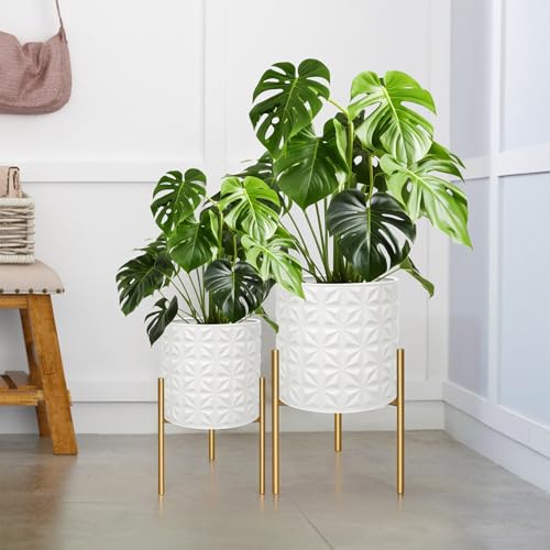 ARNIS Modern Planter Pots, Set of 2 Large Planters with Stand, Decorative Planters, Metal Pots with Drainage Holes for Living Room, Office, Garden or Balcony, 10.5 &12.25 Inch, Matte White