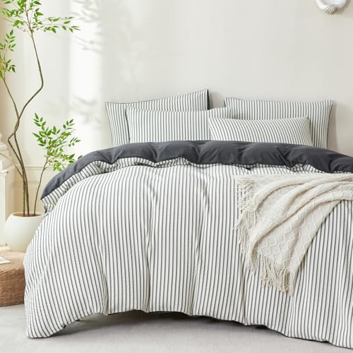 TISPLR Dark Grey King Duvet Cover Striped Washed Microfiber Jacquard 3 Pieces Bedding Grey White Vertical Ticking Stripes Pattern Comforter Cover with Zipper Closure Breathable Durable Soft Comfy