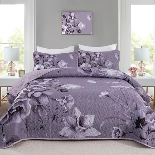 "Drucon Floral Quilt Set King Size Bedding Set 3 Pieces Dark Purple Boho Floral Quilt Bedspread Soft Microfiber Lightweight Flower Coverlet Set with 2 Pillow Shams for All Season 90""x104"""